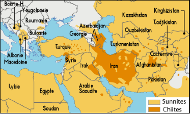 Répartition géographique des deux grandes familles de l’Islam en Europe, au Proche-Orient, Moyen-Orient et Asie